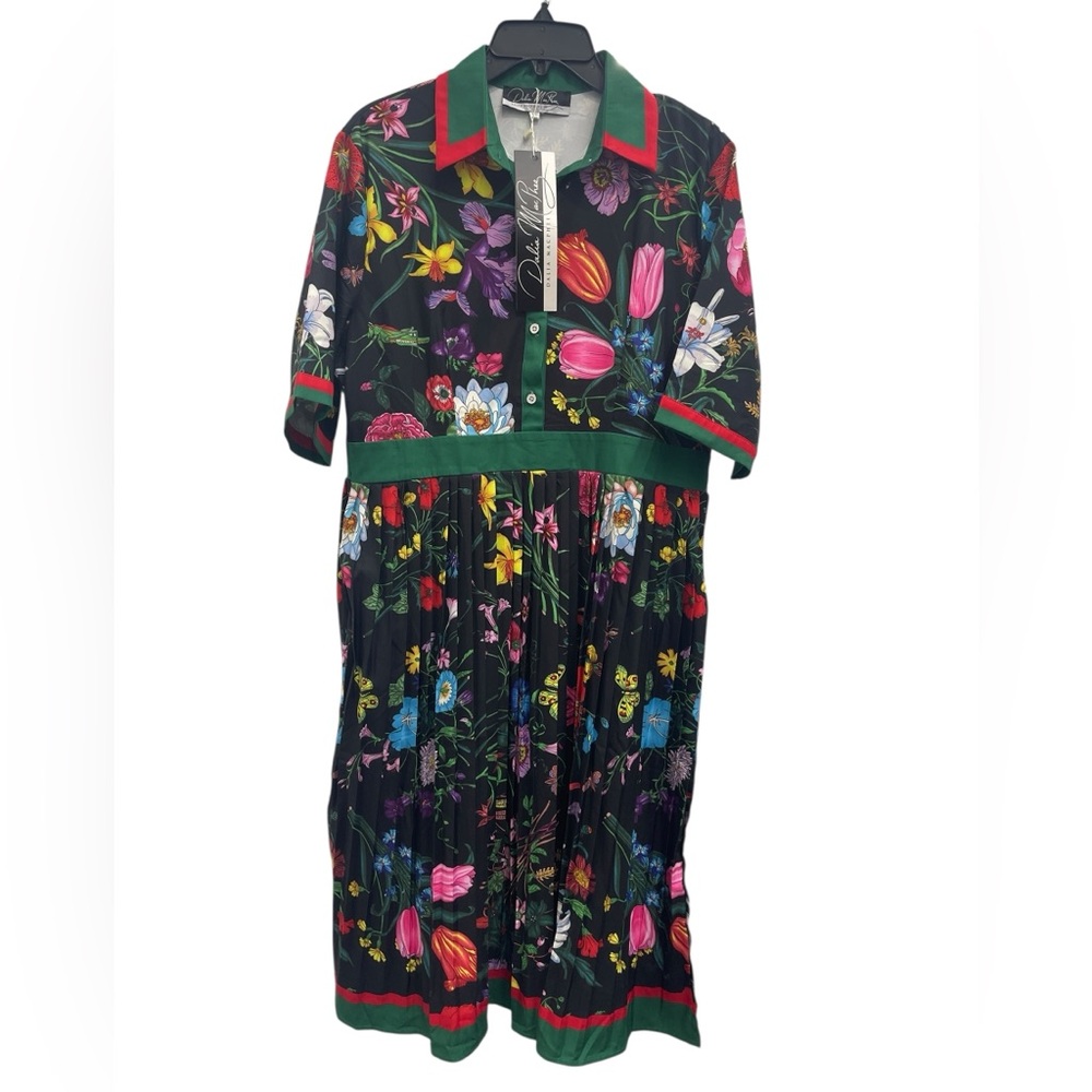 Black Floral Midi Shirt Dress with Green Trim - Picture 3 of 16
